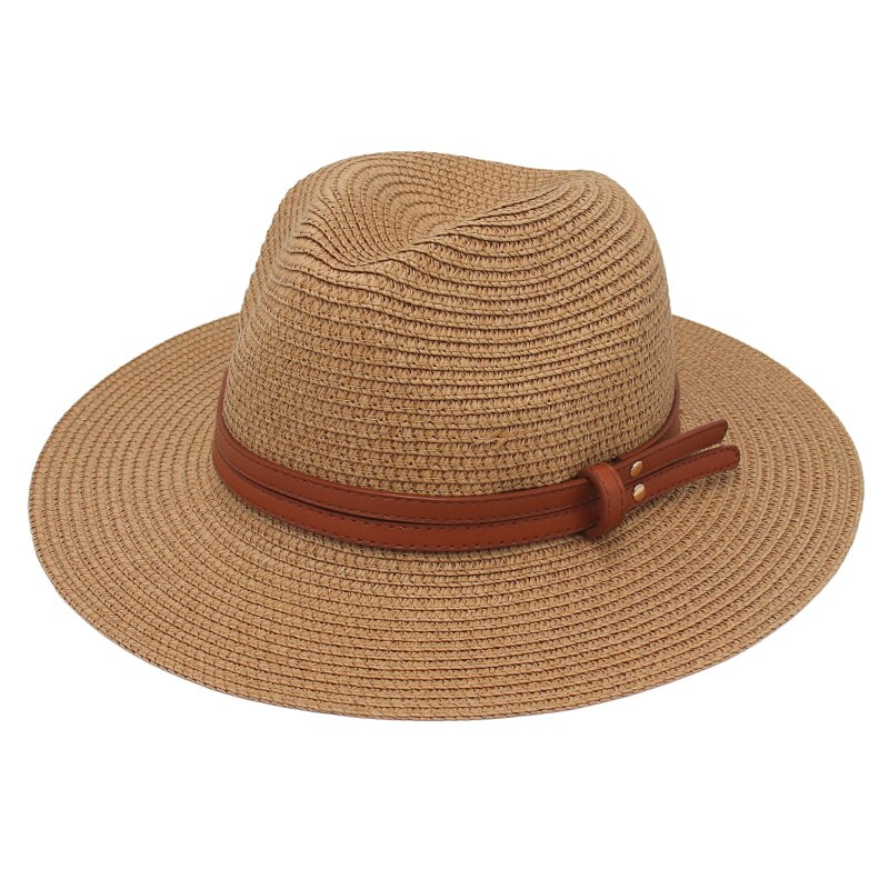 Chapeau d'été en paille pour femmes et hommes, à large bord, solide, Panama, pour la plage, décontracté, fait à la main, Protection UV: khaki