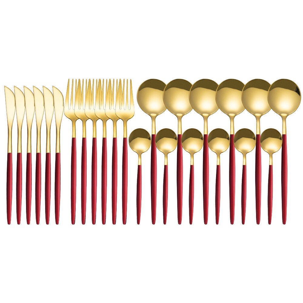 24Stck Edelstahl Geschirr setzt Glänzend Silber Gold Besteck setzt Messer Gabel Kaffee Löffel Besteck einstellen Spülmaschine Geschirr: rot Gold