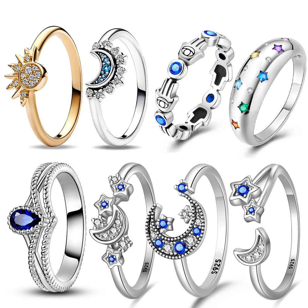 Original Sterling Silver 925 Ring Star and Moon Combination Series Rope Double Layer Ring Women's Wedding Engagement Ring