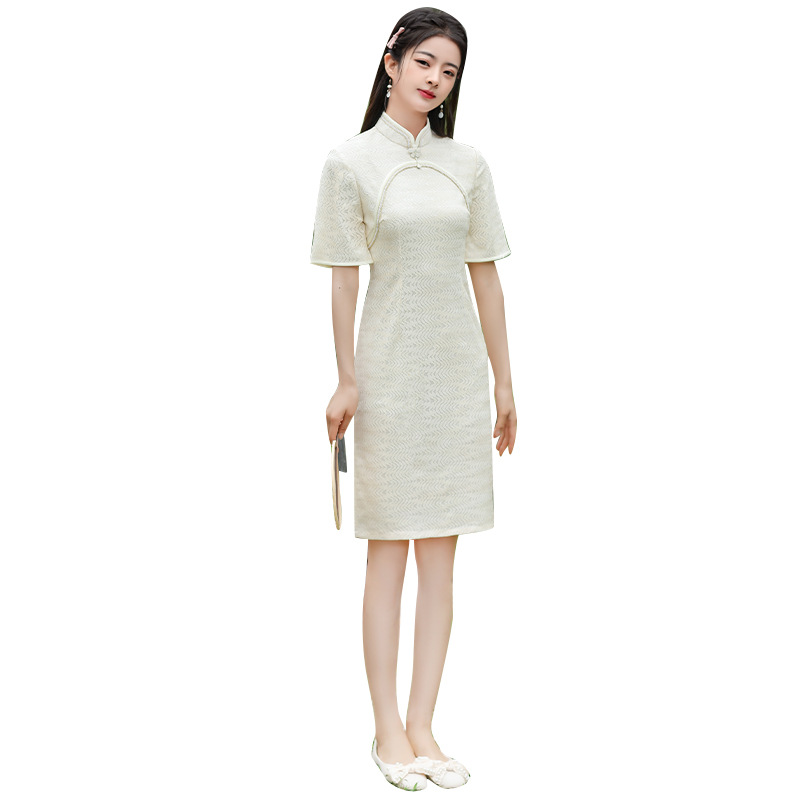 FZSLCYIYI-Qipao largo hasta la rodilla para mujer, Cheongsam de boda, cuello mandarín tradicional, manga corta, hojas de encaje