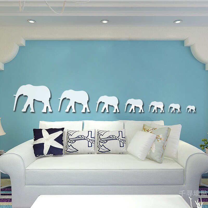 3 kleuren 7 Stuks olifanten Frame Wandklok Spiegel Oppervlak Muurstickers Kinderen Slaapkamer 3D DIY Muur Decoratie Afneembare Art