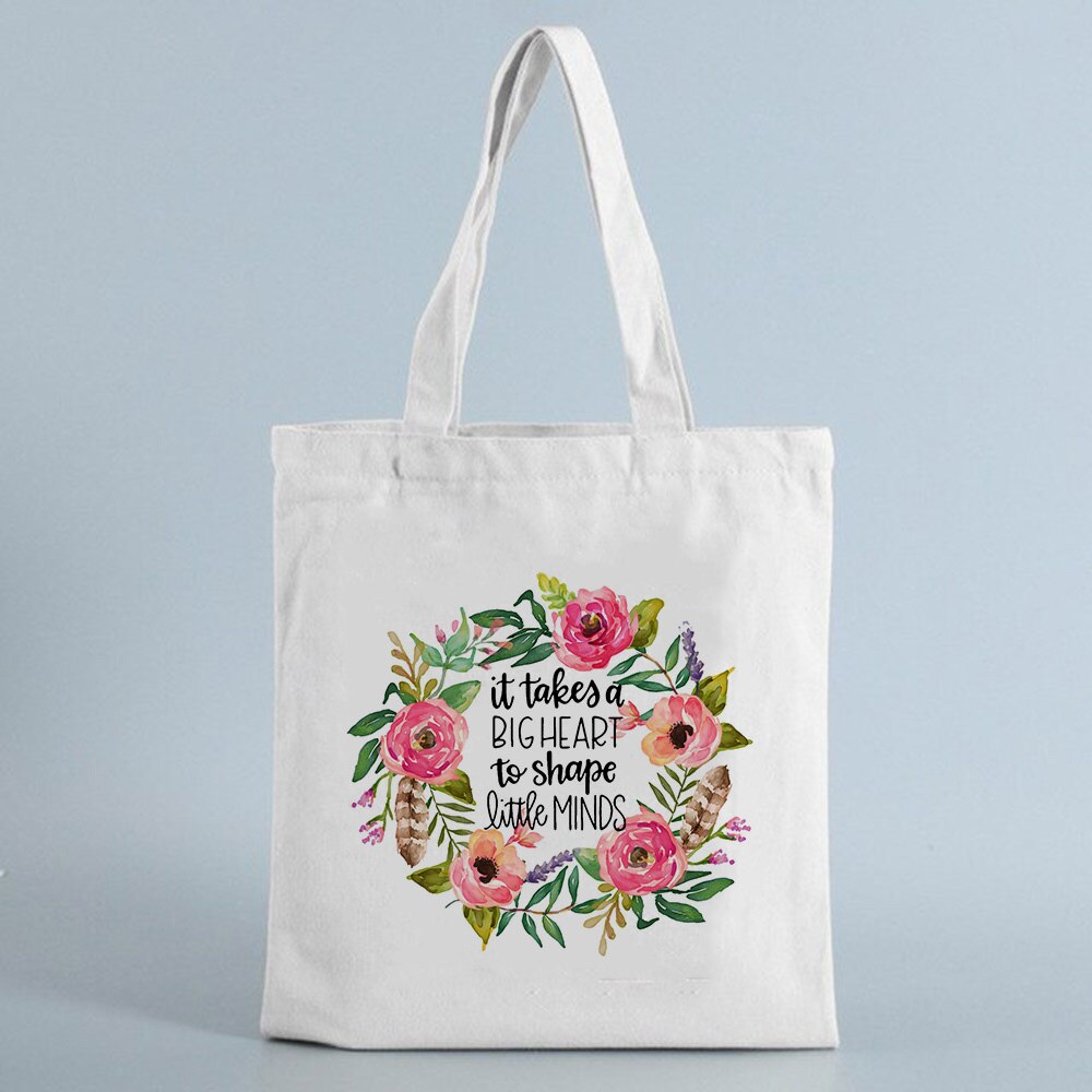 It Takes A Big Heart To Shape Little Mind Canvas Reusable Shopping Bag Teacher Shoulder Cloth Bags Shopper Tote Bag: B10822-TBWH-M