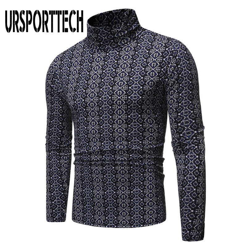 Autumn Winter Men's Clothing Basic Turtleneck Tshirt Slim Male Casual 3D Printed Long-sleeve T-shirt Men Underwear