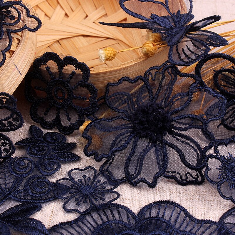 Parches bordados de encaje azul oscuro azul marino, iones para coser en ropa, apliques de mariposa y flores de Organza para ropa, pantalones vaqueros, vestido, rayas DIY