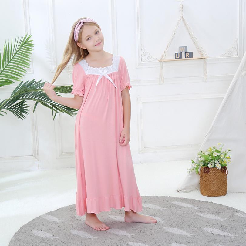 Meisjes Kant Patchwork Katoen Nachtjapon Kinderen Korte Mouw Zomer Slaap Jurk Kinderen Thuis Kleding 3-12Y Ws1403