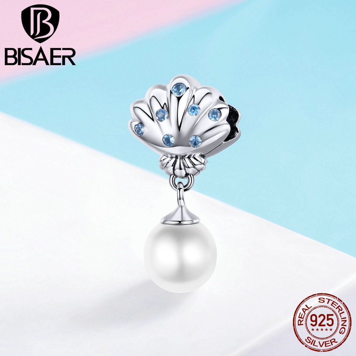 BISAER 100% 925 Sterling Silver Happiness Charms Freshwater Pearl Shell Beads fit for Bracelets DIY Jewelry Mother ECC1155
