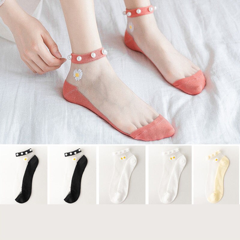 AECU 5 Pair Breathable Ankle Socks Pearl Summer Women Transparent Lace Silk Flower Cute Girls Elastic Short Socks Female Sox: 3-5pcs