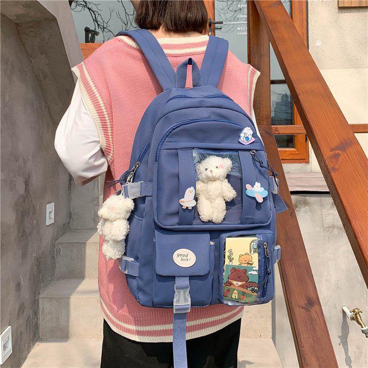 Sac à dos japonais multi-poches pour filles, pour adolescentes,: Blue / Without Bear Badges