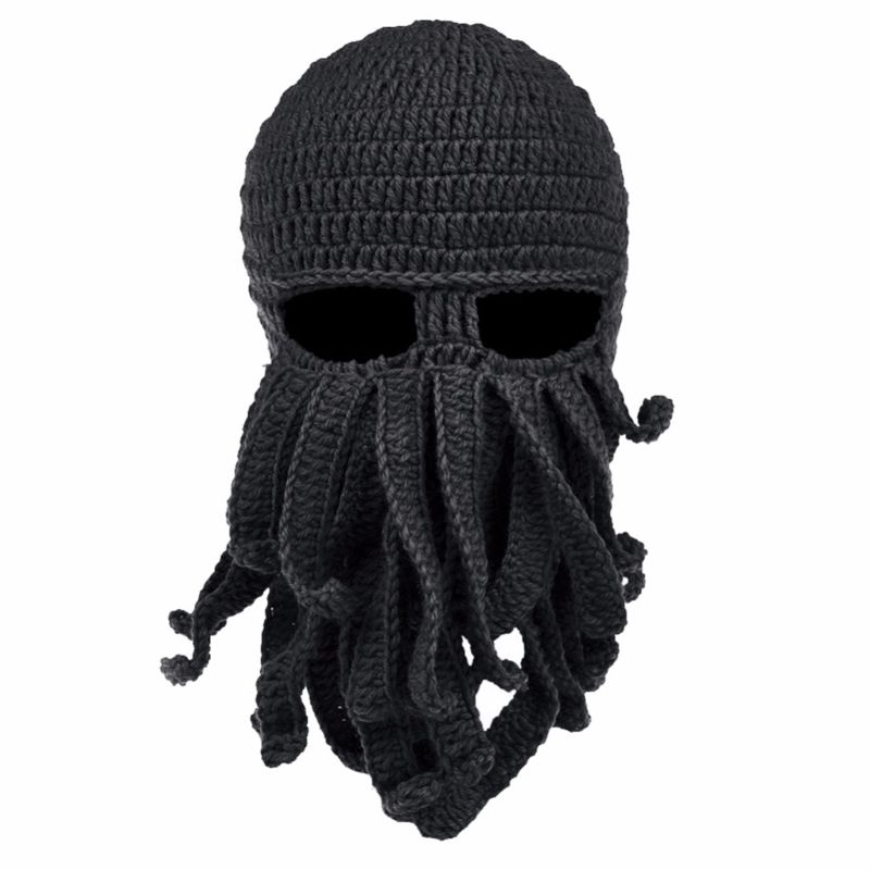 Männer Frauen Kreative Lustige Tentakel Krake Gestrickte Hütte Lange Bart Mütze Kappe Sturmhaube Winter Warme Halloween Kostüm Cosplay Maske: Schwarz