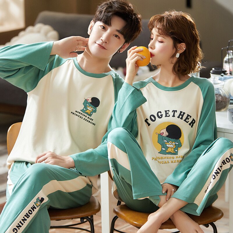 Coton bande dessinée hiver Couple pyjamas ensemble col rond décontracté vêtements de nuit à manches longues haut + pantalons longs vêtements de nuit amoureux Homewea