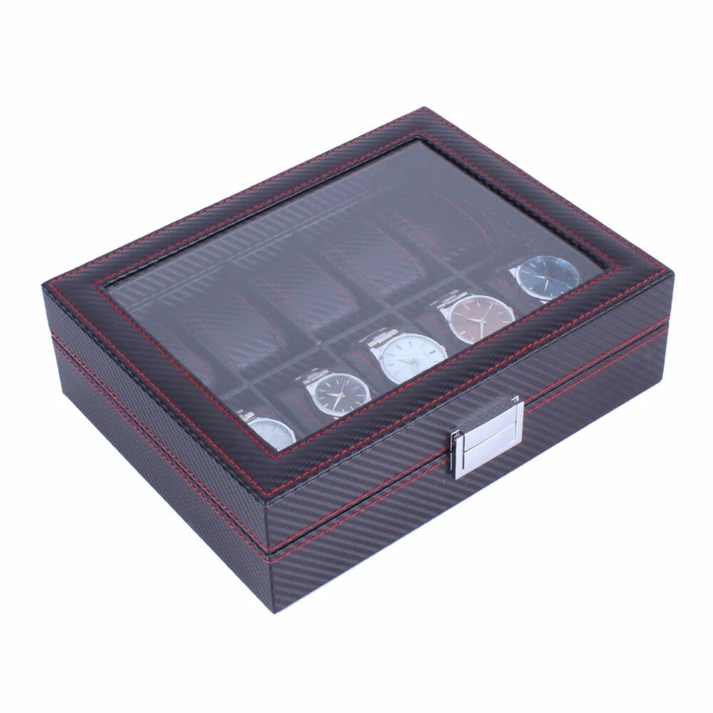 10 Grids Carbon Fibre Patroon Horloge Doos Horloge Houder Opbergdoos Sieraden Display Zwarte Kleur Case Organizer
