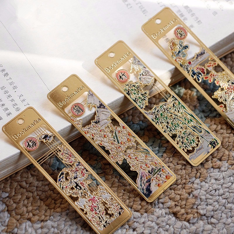 4 stk / sæt 24k guldbelagte kinesisk klassisk stil bogmærke merlin bambus krysantemum metal bogmærker