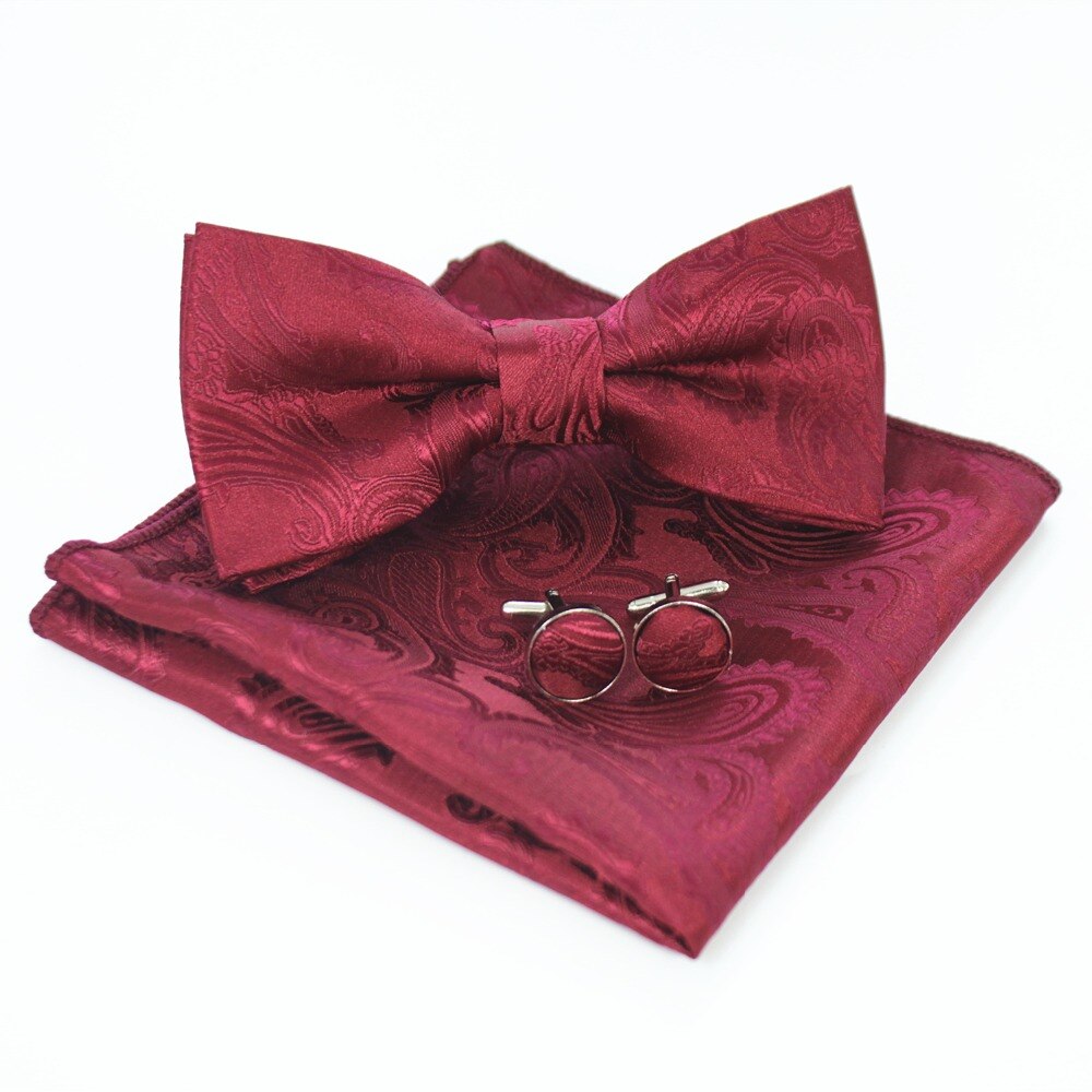 Jemygins originale menns bowtie lomme firkanter mansjettknapp sett paisley blomster vin rød sløyfe hanky sett til bryllupsfest
