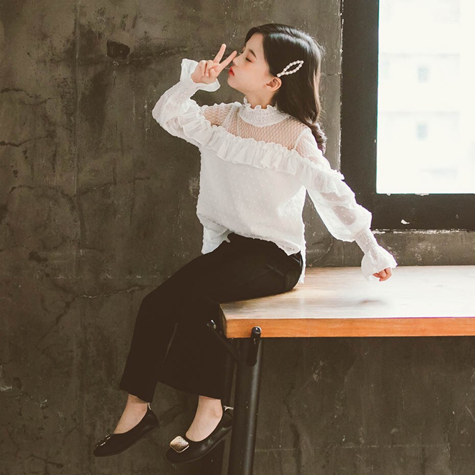 Blouse For Girls Mesh Children's Wihte Shirts For Girl Dot Pattern Girls School Blouse Casual Style Big Girls Clothes