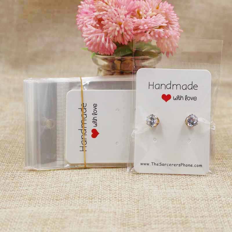 5*7 cm twee paar display stud oorbel kaart leeg diy handgemaakte gemaakt met liefde stud earring hang tag kaarten 100 stuks + 100 plastic zak