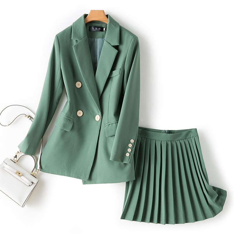 Vrouwen Sets Single Button Solid Blazer Hoge Taille Geplooide Rok Pak Tweedelige Set Mode Vrouwen 2 Stuk Rok sets: Green / XL