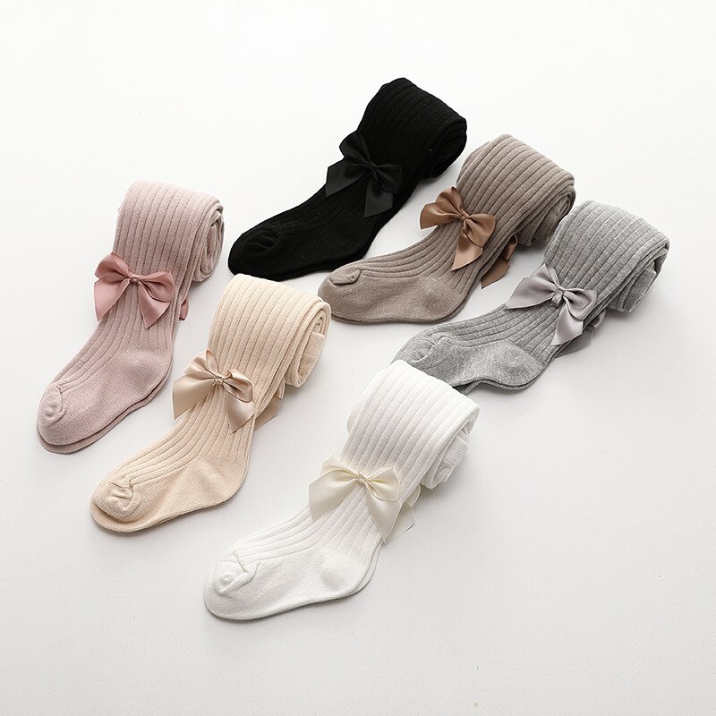 Collants à nœud papillon pour filles, bas en coton pour enfants, doux, respirant, tricoté, noir, Beige