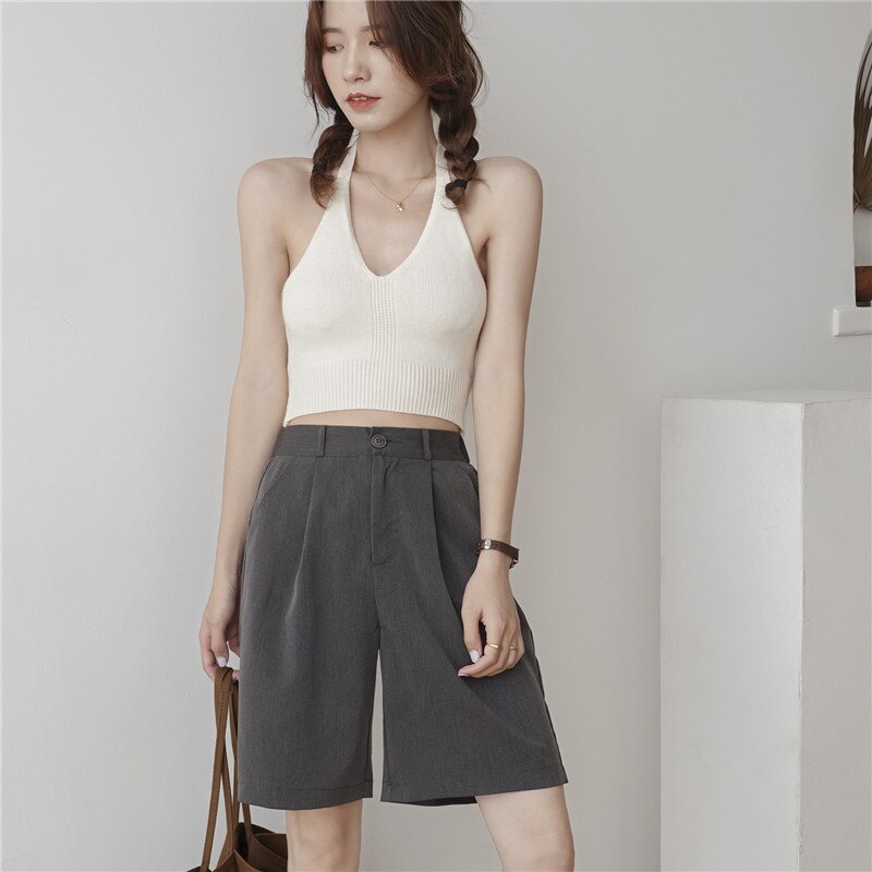 Short femme ample Short minceur taille haute noir décontracté large jambe costume cinq points pantalons Femme Streetwear Pantalon Court