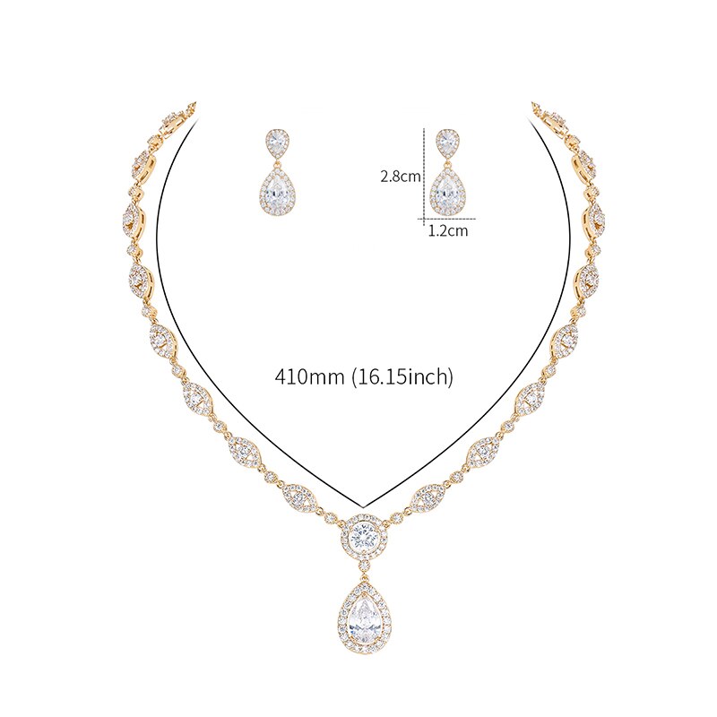 WEIMANJINGDIAN Halo Teardrop and Eye Shape Cubic Zirconia Necklace Earring Wedding Jewelry Set: 14K Gold