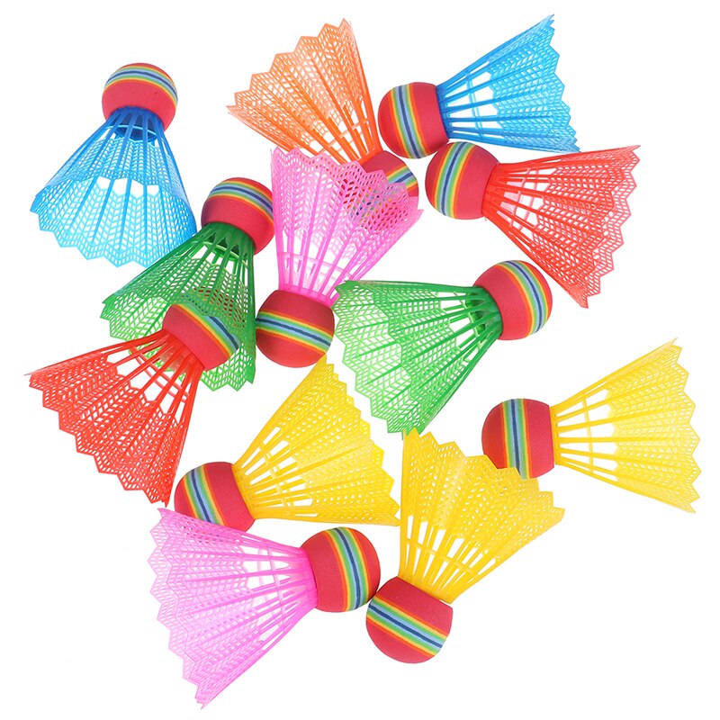 12 pces badminton eva cabeça náilon badminton penas para o entretenimento do esporte do jogo com barril transparente arco-íris bola