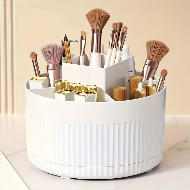 360° Rotating Makeup Organizer Makeup Holder Cosmetic Storage with 5 Compartments Multi-Functional Holder for Brushes Pen: Silver