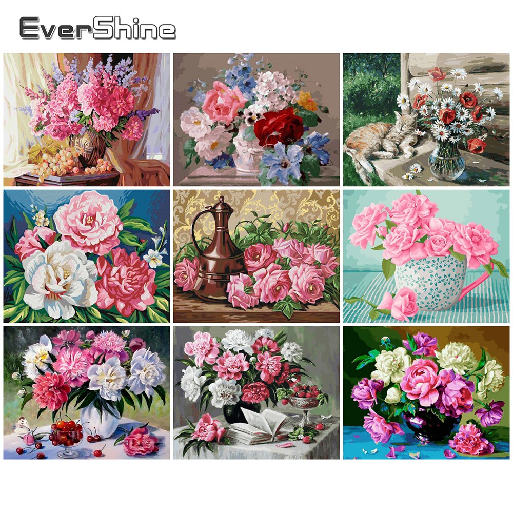 EverShine, Kits de imágenes por números de flores, dibujo pintado a mano, lienzo de peonía, arte de pared, decoración del hogar