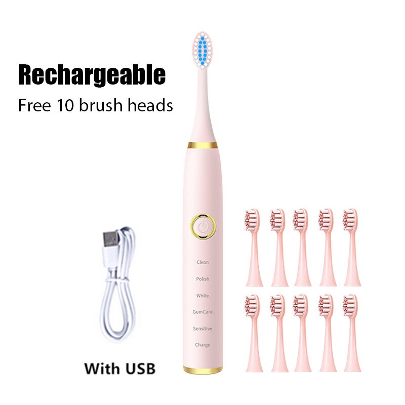 Schall- Elektrische Zahnbürsten für Erwachsene Art Clever Timer Bleichen Zahnbürste IPX7 Wasserdicht Austauschbare AA Batterie Ausführung: Rosa mit 10 Bürste
