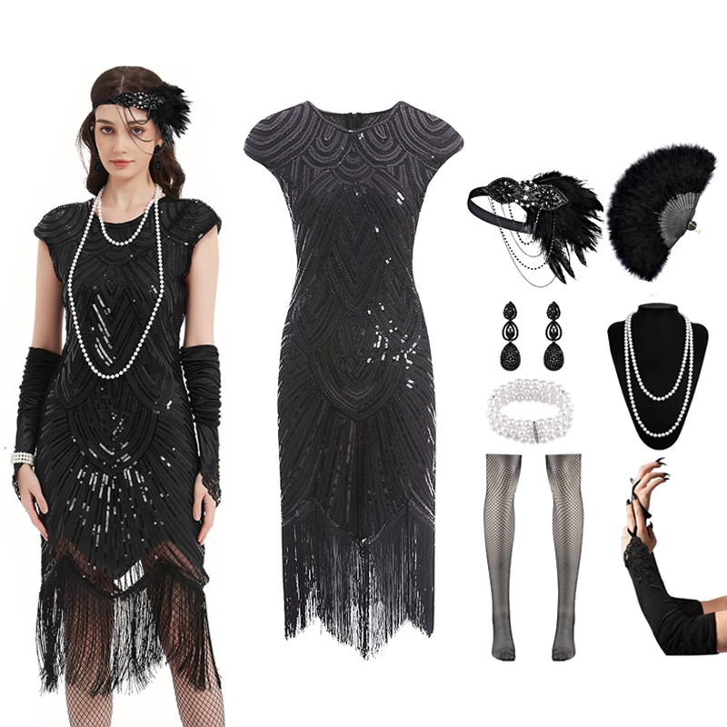 Flapper-Kleider für Damen, 1920er-Jahre, Pailletten, Fransen, Perlen, Cocktailkleid mit Rundhalsausschnitt, Roaring 20er-Jahre-Accessoires, Vintage-Spitzenkleid: XXL / Beige