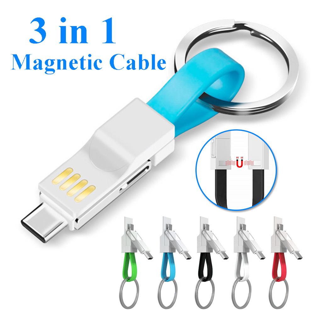 3 In 1 Magnetische Sleutelhanger Micro Usb Type-C Charge Kabel Voor Iphone Android