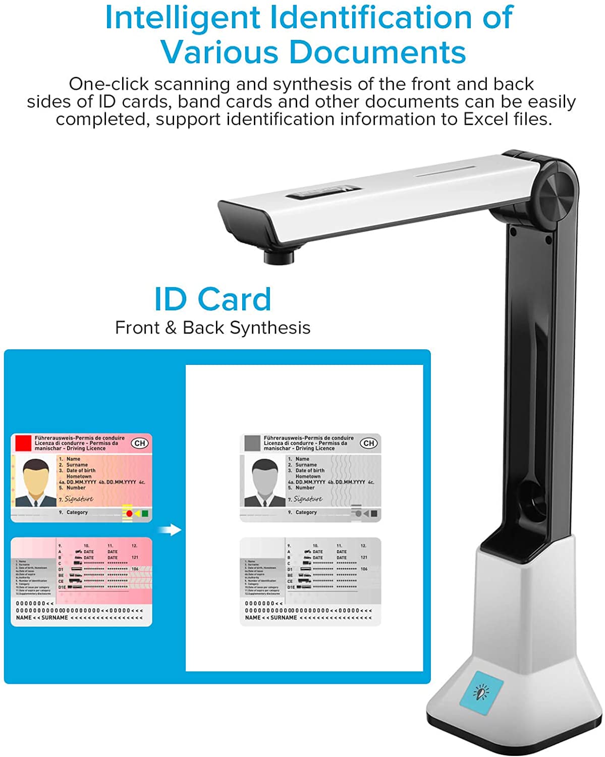 Portable 8 Mega-pixel High Definition Doc Scanner Capture Size A4 Document Camera for File Recognition Scanner Support MAC OS