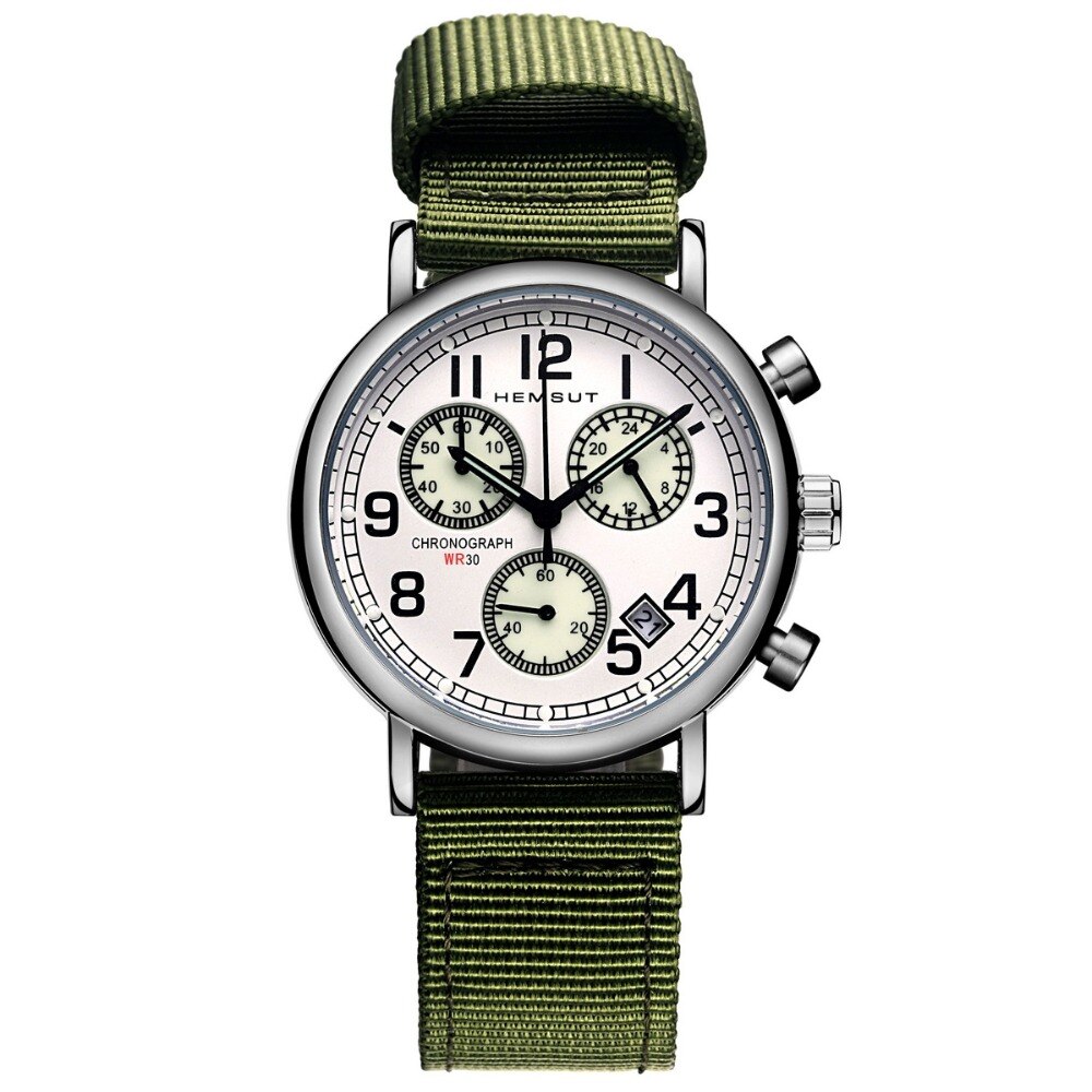 Hemsut, reloj deportivo de para hombre, relojes de pulsera luminosos de cuarzo con cronógrafo, correa de lona verde, reloj masculino: green