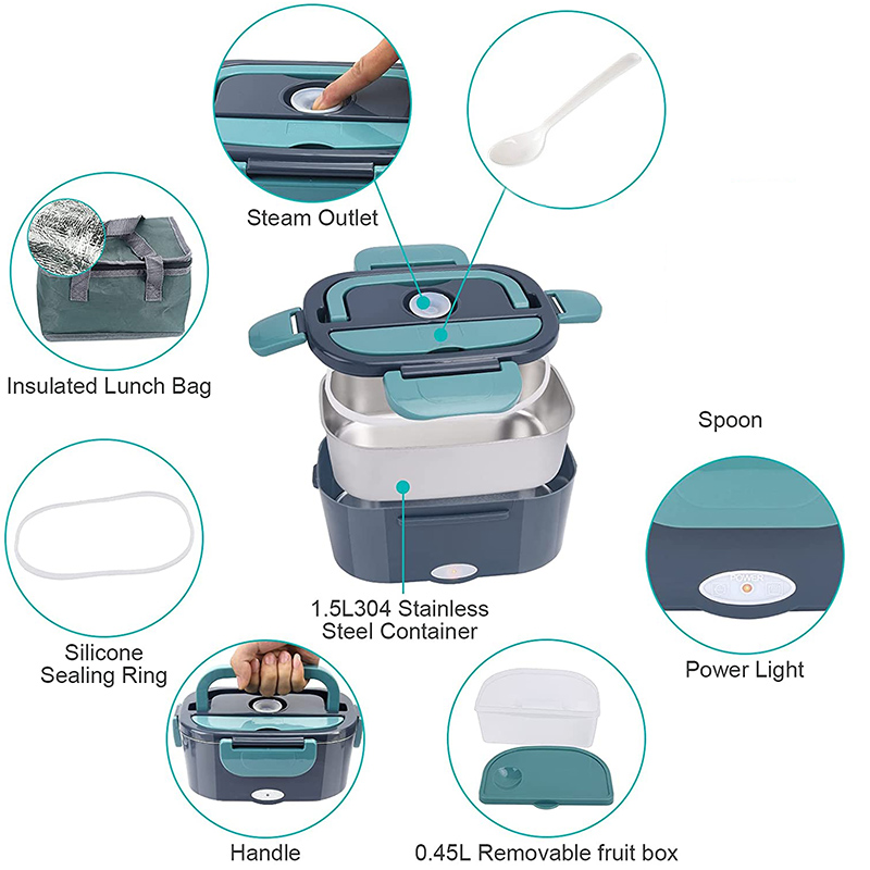 220V 110V 12V 24V Dual Use Home Car Electric Heating Lunch Box Leakproof Portable Food Warmer Heated Container Stainless Steel