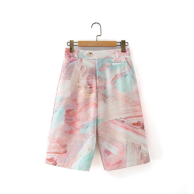 OneBling 2 Piece Set Women Double Breasted Blazer And Short Pant Outfits Graffiti Print High Waist Shorts Outfits