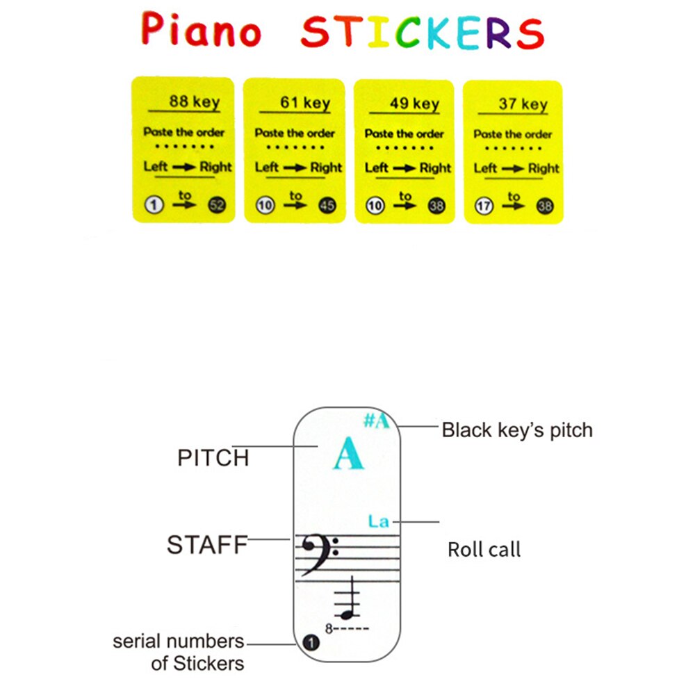 Gjennomsiktig avtakbar musikkdekal notater piano tastatur klistremerker 54/61 or 88- nøkkel elektronisk piano piano piano spektrum klistremerke symbol