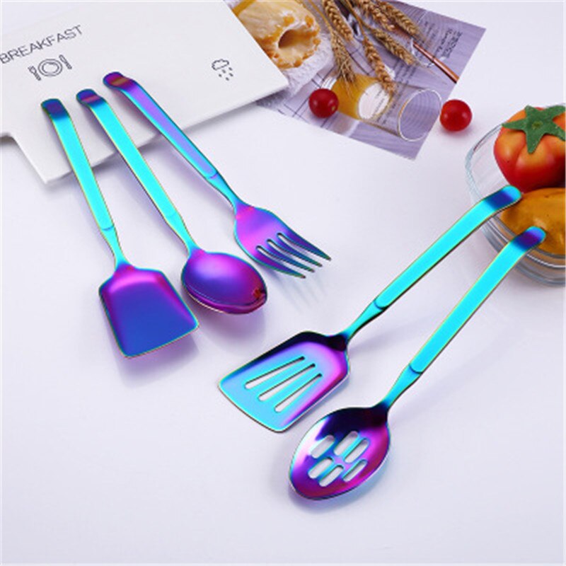 Newest Rainbow Stainless Steel Kitchen Utensil Set Big Size Public Buffet Spoon Colander Fork Shovel Kitchenware Cooking Tools