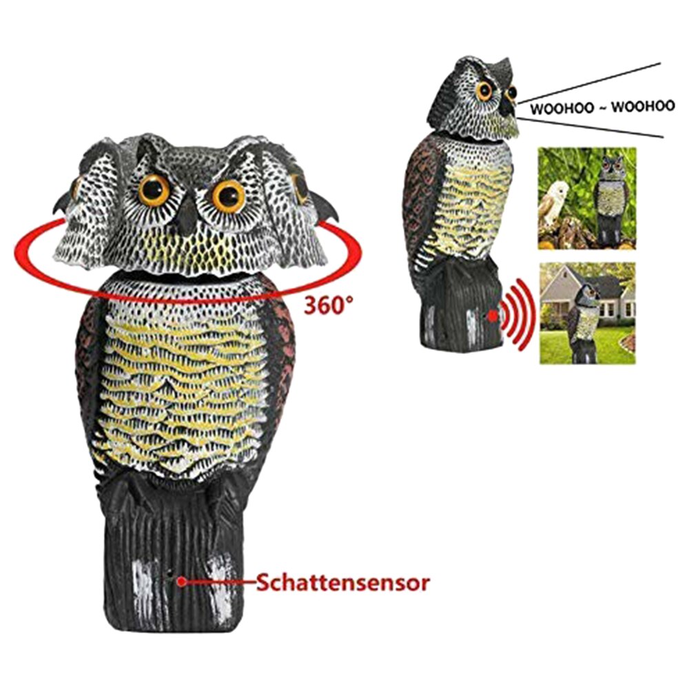 Realistische Vogel Scarer Roterende Kop Geluid Uil Prowler Decoy Bescherming Repellent Pest Control Vogelverschrikker Tuin Yard Bewegen Decor