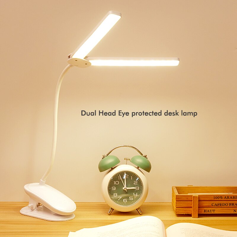 Led Klem Dubbele Hoofd Bureaulamp Flexibele Zwanenhals Touch Dimmen Tafellamp Usb Opladen Clip On Lamp Voor Kantoor En computer