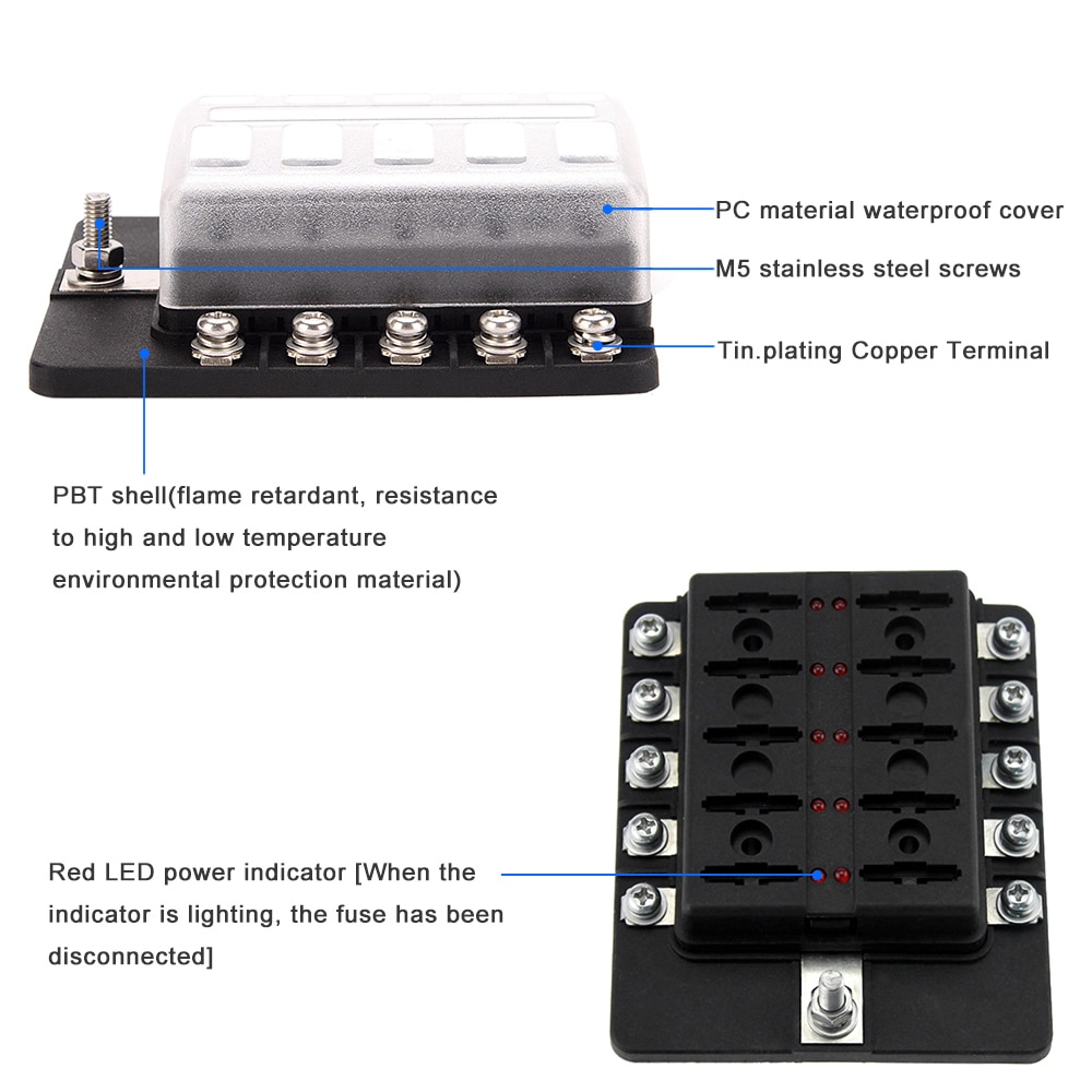 10 st bilbåt marin husvagn lastbil säkringar+terminaler 10- vägs blad säkringsbox hållare säkringsblock med röd led-indikator 12v 24v