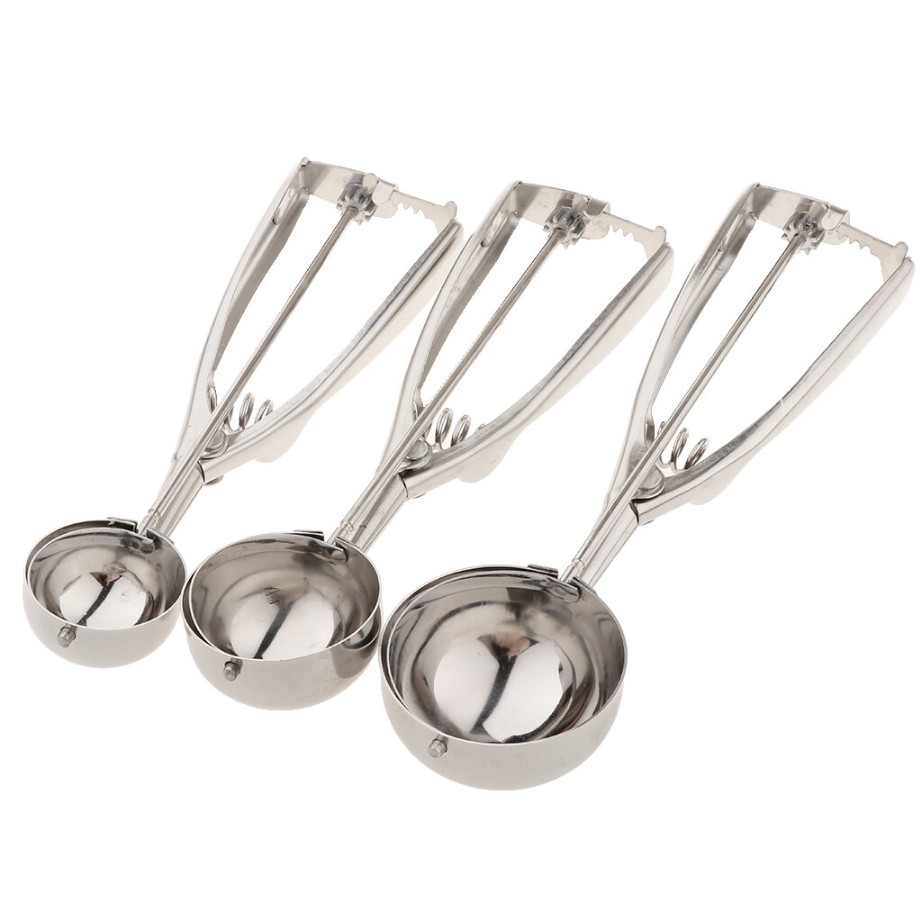 3x Stainless Steel Ice Cream Mashed Potato Cookie Scoop Spoon Spring Handle