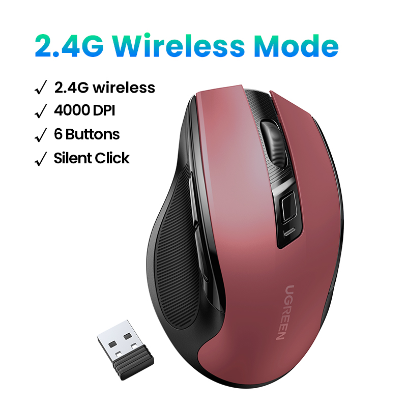 Mysz bezprzewodowa UGREEN mysz Bluetooth 5.0 ergonomiczna 4000 DPI cicha 6 przycisków dla tabletu MacBook mysz do laptopa cicha mysz 2.4G: Czerwony