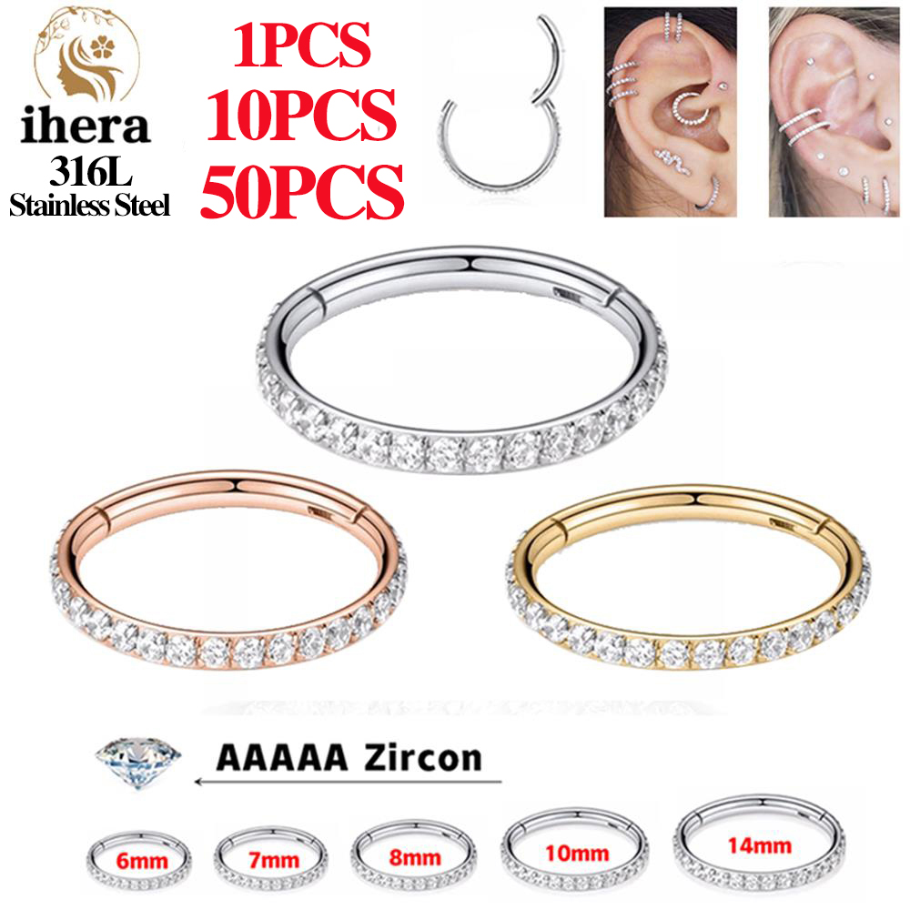 1/10/50 Uds. Anillo de acero inoxidable con bisagras de circón para tabique nasal, pendientes redondos, aros para oreja, Tragus, hélice, joyería para Piercing