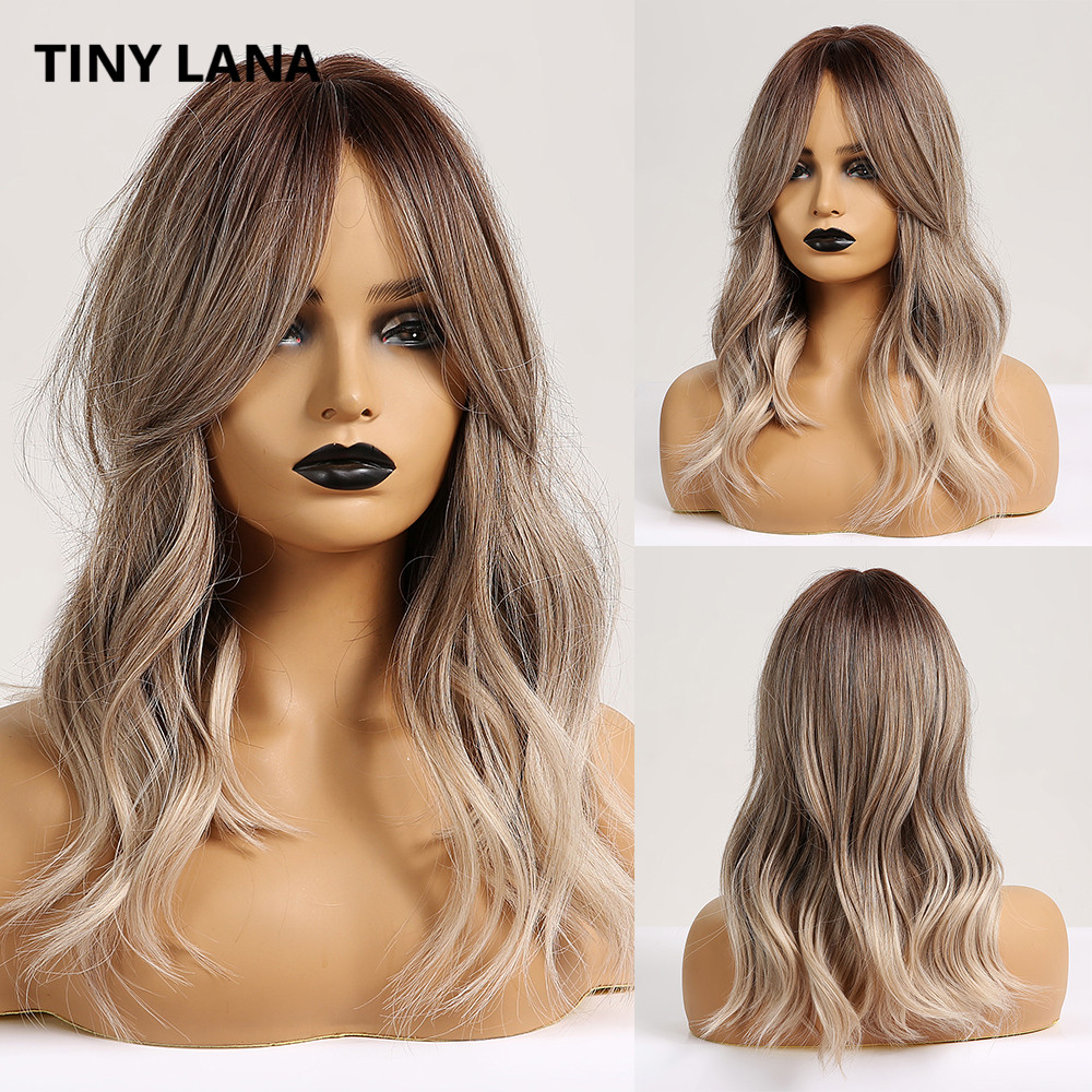 Lille lana syntetisk hår parykker ombre brun lys ask blond medium bølget paryk til sorte kvinder varmebestandigt fiber dagligt falsk hår: Lc250-1