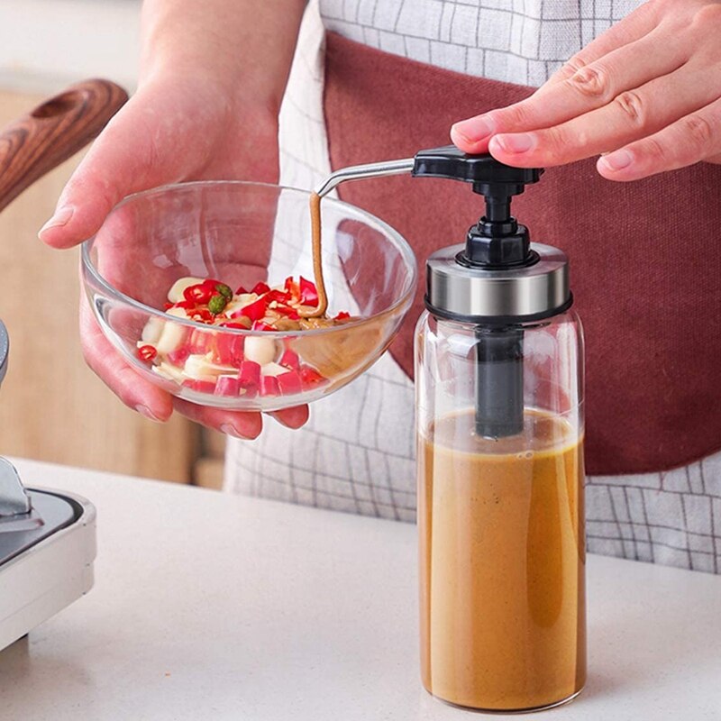 Sauce Pump Dispenser with Glass Bottle Leakproof Kitchen Condiment Dispenser for Honey Ketchup Mustard Mayo