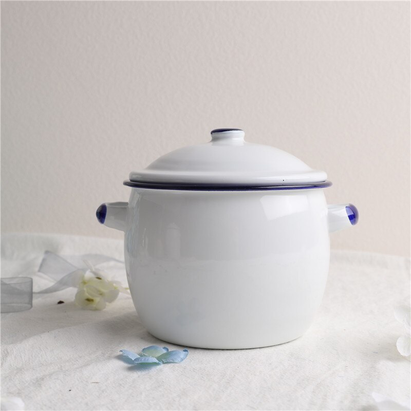 13 Cm Enamel Storage Tank Small Stew Pot Double Ears With Lid Stew Cup Bird's Nest Steamed Egg Noodles Bowl Oil Tank: blue edge