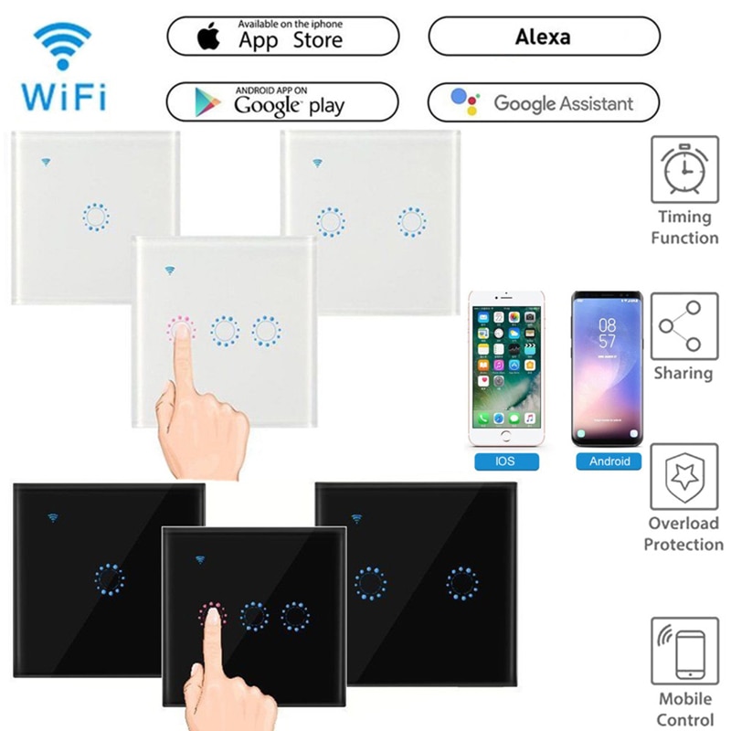 Wifi smart ljusomkopplare glaspanel touch switch kompatibel med alexa google home smart wall switch 10a 90-250v timerfunktion