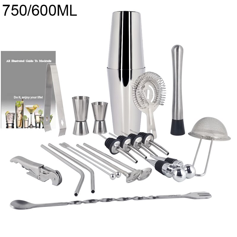 1-22Pcs Boston Cocktail Shaker Bar Gereedschap Wijn Mixer Set Barman Cocktail Shaker Tool Kit Schenker Jigger Warhoofd met Houder: 22S 750600ml No Rack