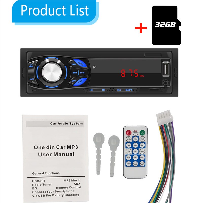 Car Bluetooth Autoradio Stereo Radio FM Aux Input Wireless Audio Receiver TF USB 12V In-dash 1 Din Handsfree MP3 Player With MIC: A37 With 32G TF card