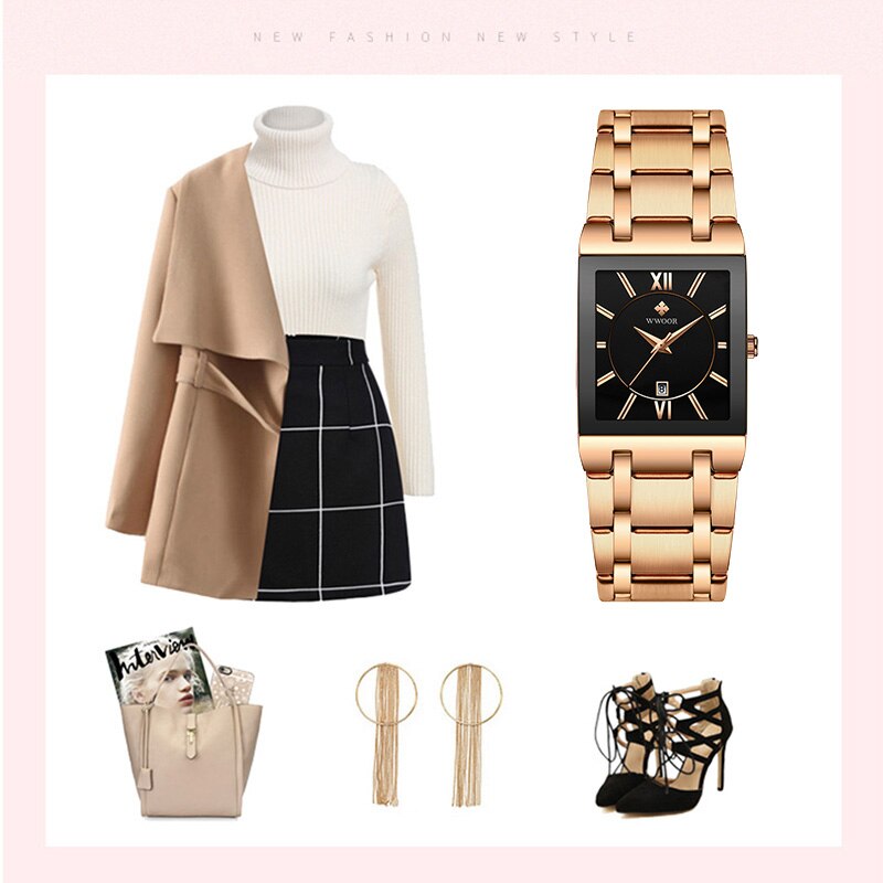 WWOOR-Relojes de pulsera para mujer, de cuarzo, Cuadrado dorado, rosa, deportivo, resistente al agua,