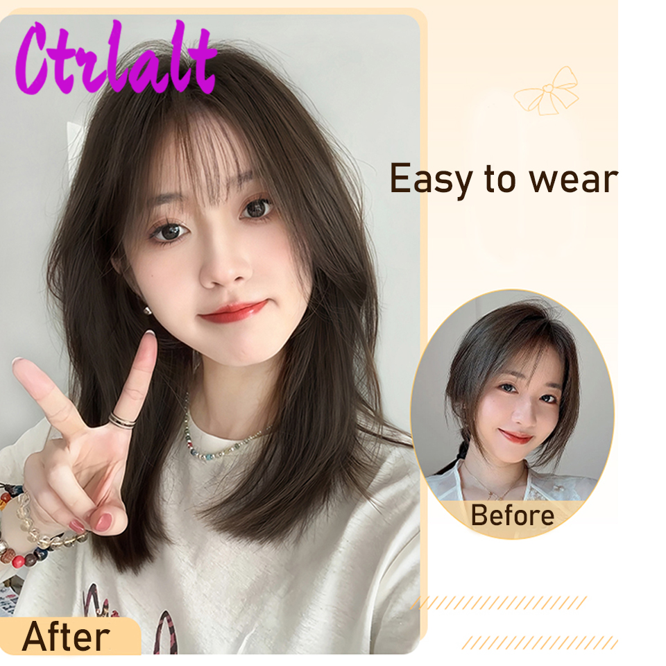 Pelucas de pelo Natural sintético en capas para mujer, color negro y marrón, ondulado, para uso diario, con flequillo de cortina, resistente al calor