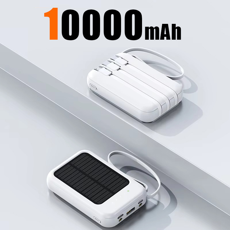 50000 mah solcelle-powerbank hurtigopladende led-lys med 4 kabler type-c multiport udendørs bærbar mobil ekstern strømforsyning: Hvid